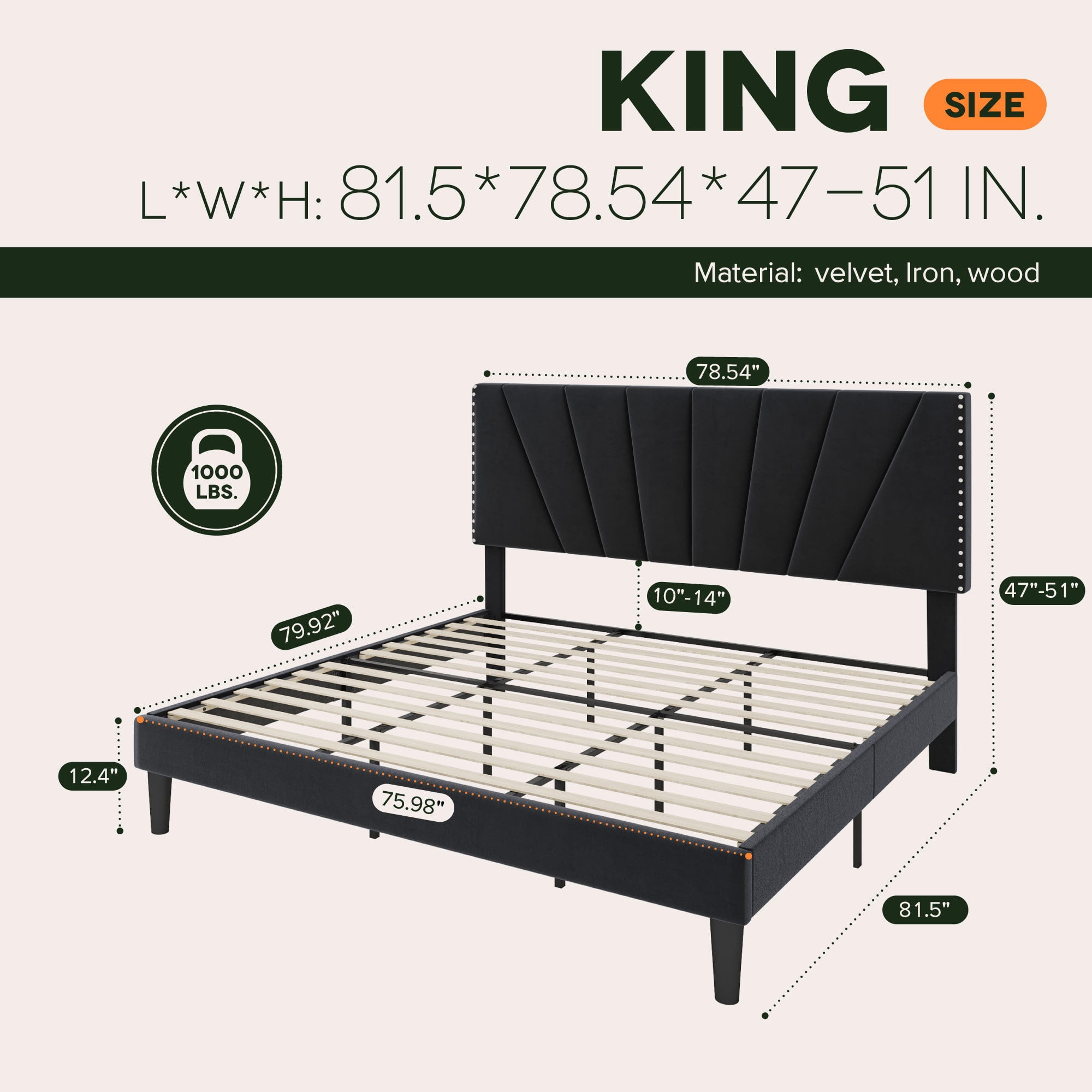 Einfach King Size Premium Velvet Upholstered Platform Bed Frame with Adjustable Headboard,Under-Bed Storage,Heavy-Duty Metal Support, Noise-Free Slats, Black