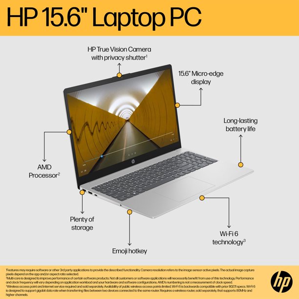 HP 15.6 inch Laptop, AMD Ryzen 3 7320U Processor, 8GB RAM LPDDR5