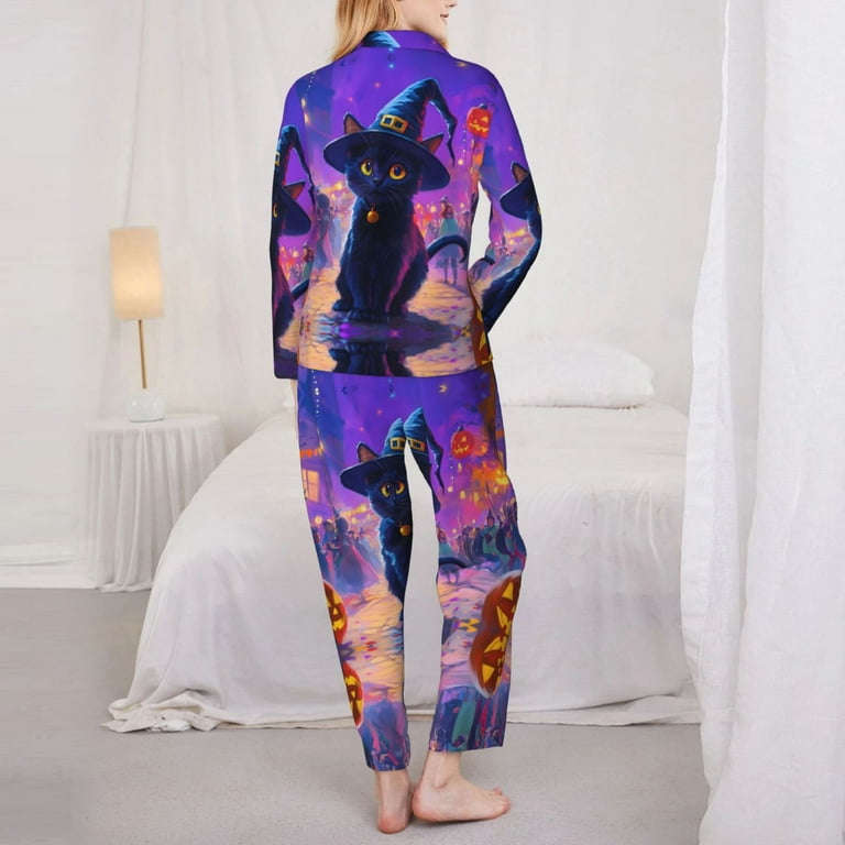 Halloween Pajamas Women Halloween Cute Black Cat Witch Hat Pajamas for Women Set Comfy Pjs Sets for Women 2 Piece Soft Sleepwear Ladies Pj Lounge Sets with Pockets Walmart