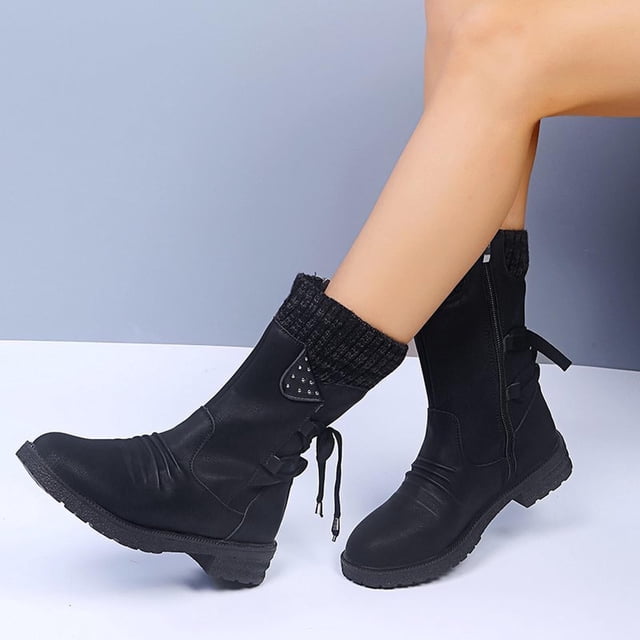 Babysbule Bottes d'Hiver pour Femmes Chaussures Mode Rétro Western Bottes Décontractées Chaudes Talons Bas Mi-Mollet