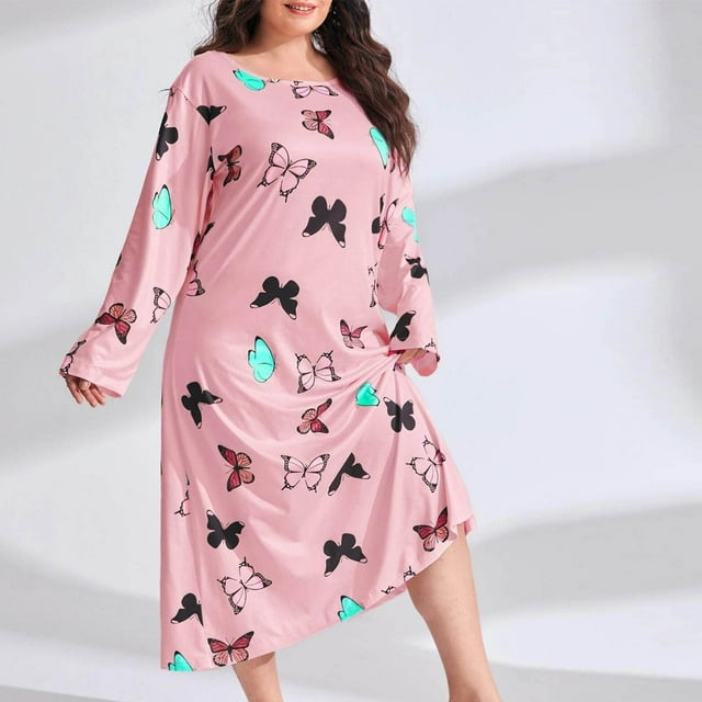 LSLJS Women's Spring Round Collar Long Sleeve Printed Large Size Loose Casual Dress