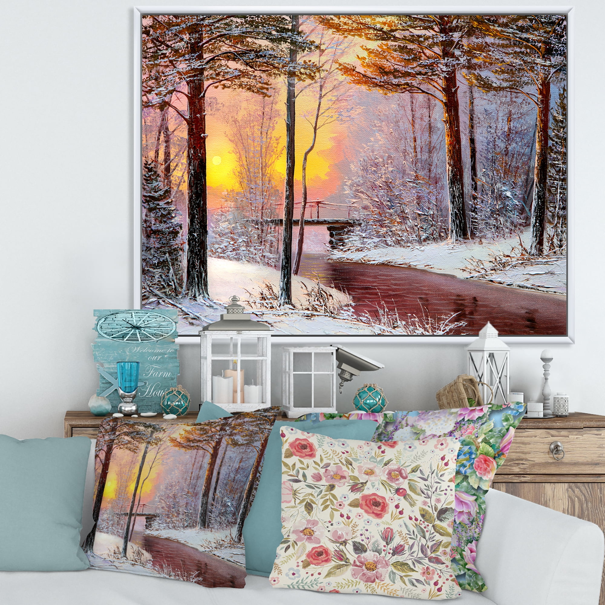 Designart 'Christmas Forest With Trees and River IV' Traditional Framed Canvas Wall Art Print