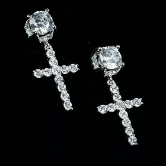 GKNET Gothic Cross Earrings Crystal Stainless Steel Ear Stud Earrings Dangle Men Women-2.Sliver Crystal Cross