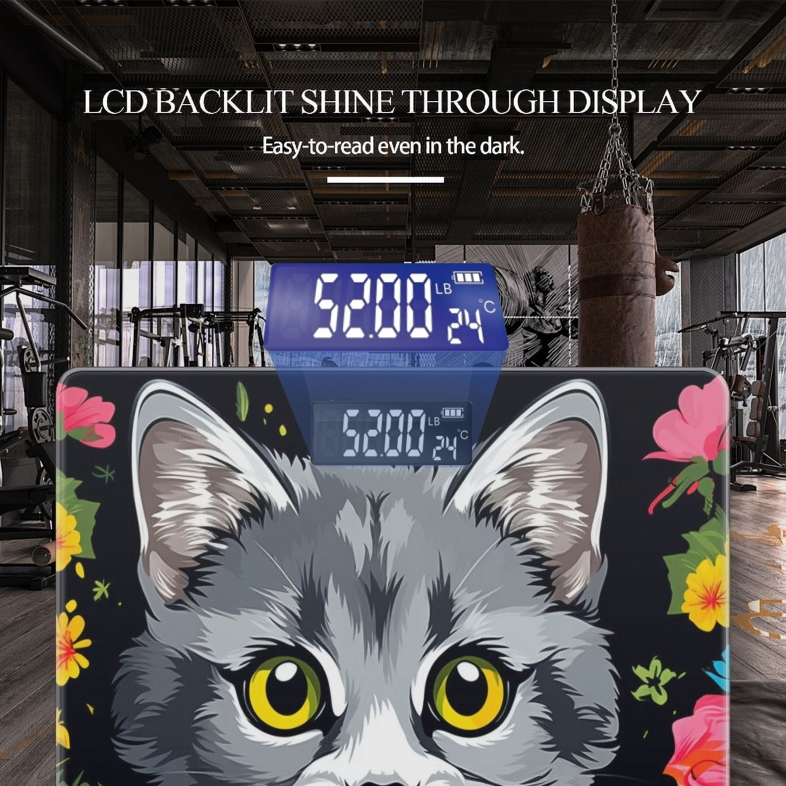 Bathroom Scale, Highly Accurate Digital Body Scale,Precisely Measures Weight up to 400 lbs-Gray Cat With Yellow Eyes Surrounded By Flowers