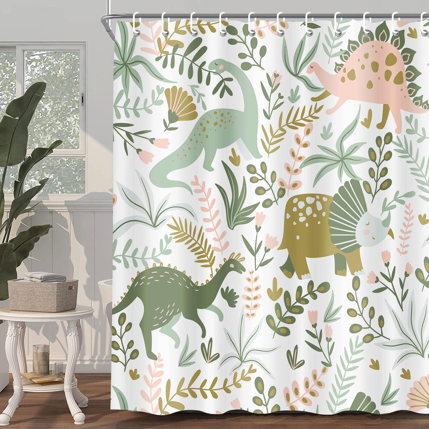 Kids Shower Curtains,Funny Dinosaur Shower Curtains, Cute Dinosaur for Boys Girls, Green Plant Leaf Flowers Colorful Bathroom Decor with Hooks Waterproof Fabric Polyester Bathtub Decorative