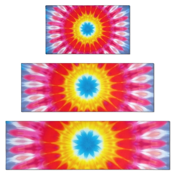 Colorful Tie Dye Mandala Pattern Kitchen Rugs Sets Of 3,Kitchen Runner Rugs Non Skid Washable,Decorative Kitchen Floor Mats for Kitchen,Sink,Laundry,17"x30" 17"x47" 17"x59"