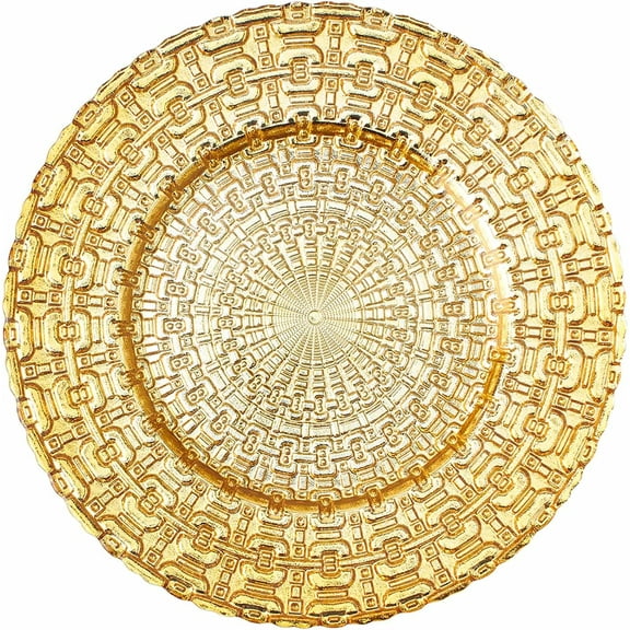 Simply Elegant Sun Calendar Glass Charger Plate | Service Plate for Parties, Dinner, Weddings, Quinceaneras and Events | 13 inch Diameter | Gold - Gloss Finish | Set of 4