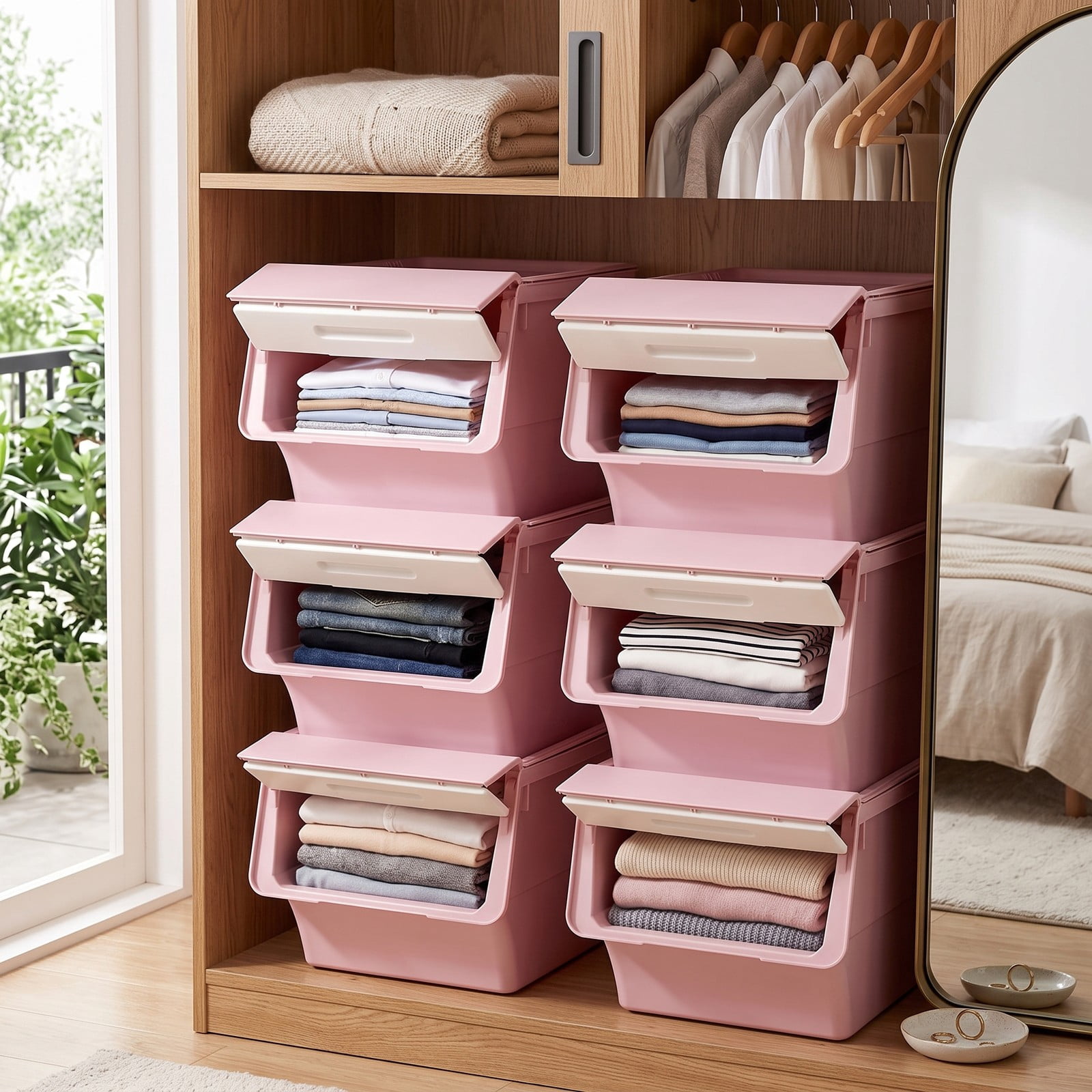 Furnibear Set of 3 Stackable 35 QT Storage Bins on Wheels with Flip Door and Stay-Open Lid for Bedroom and Closet Use, Pink