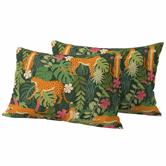 Tropical Plants Outdoor Waterproof Pillow Covers, Summer Botanical Animals Flowers Leaves Decorative Rectangle Throw Pillowcase Sofa Cushion Sham for Patio/Couch/Chair, 20"x12" 2 Pack