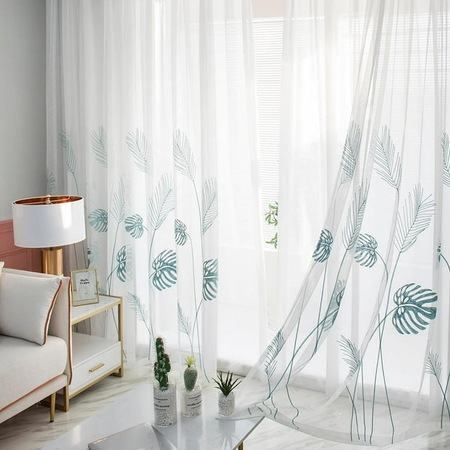 Ventanas de hoja de palma Cortinas de tul Sala de estar Dormitorio Cortinas de pantalla (Verde)