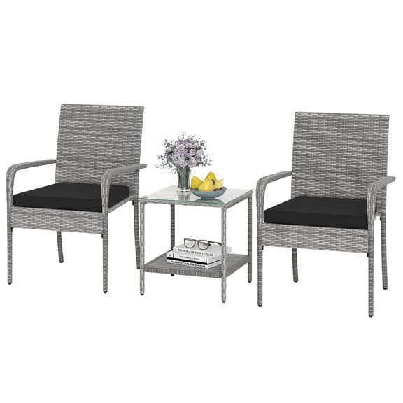 Gymax 3 Pieces Patio Furniture Set PE Rattan Porch Chairs w/ 2-Tier Table Black