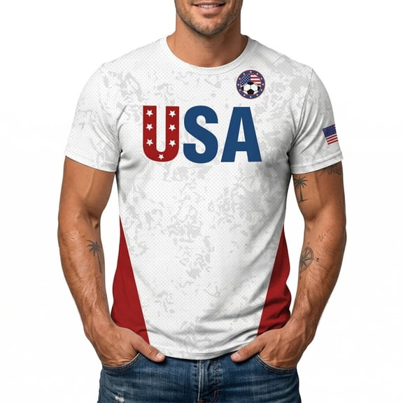 VNKIDY Mens Usa Patriotic Soccer Print Short Sleeve T Shirt Crew Neck Quick Dry Athletic Tee For Sports Daily Wear White XXXL
