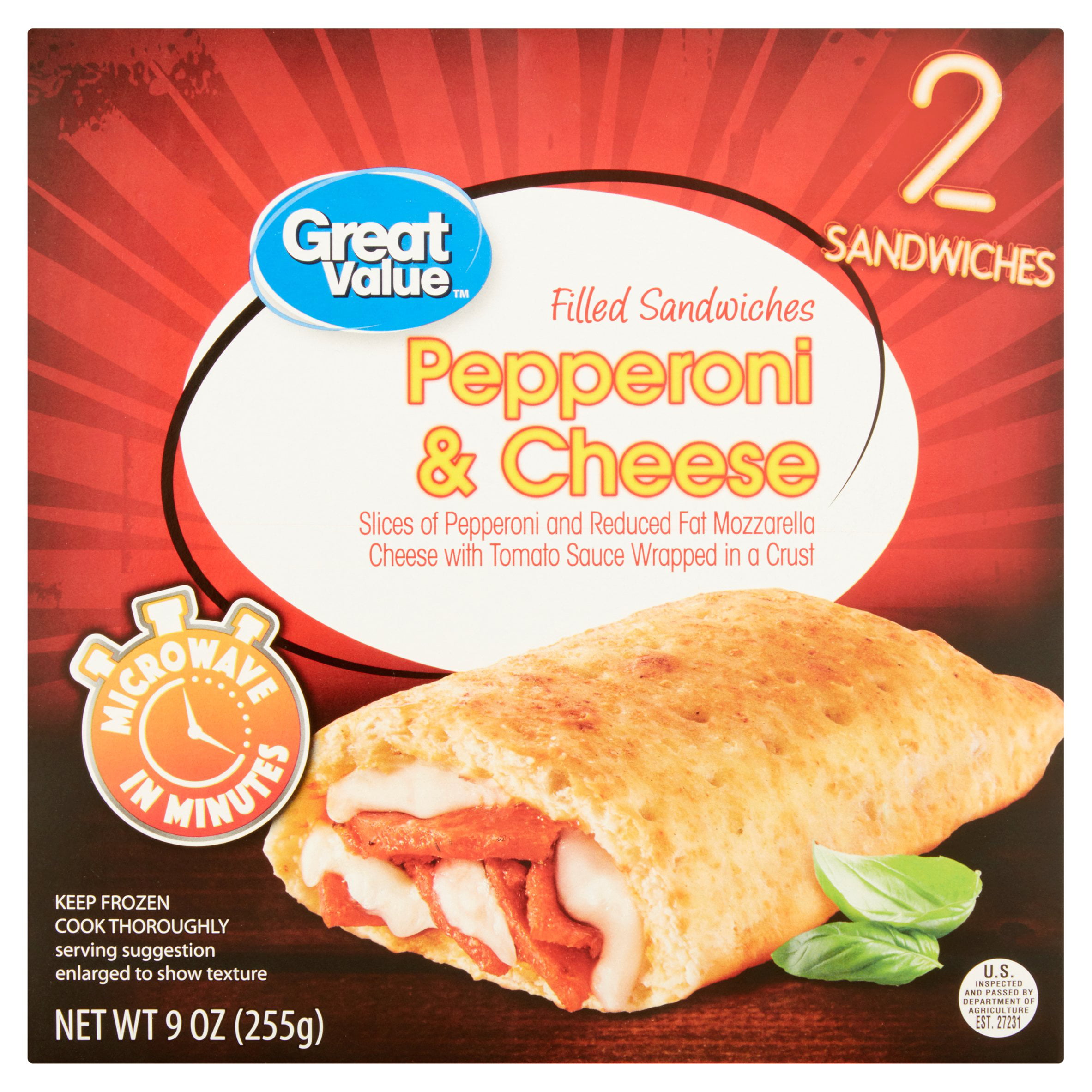 Great Value Pepperoni & Cheese Filled Sandwiches, 2 count, 9 oz ...