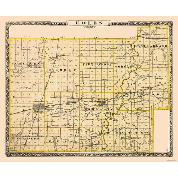 Historic County Map - Coles County Illinois - Beers 1876 - Vintage Wall Art