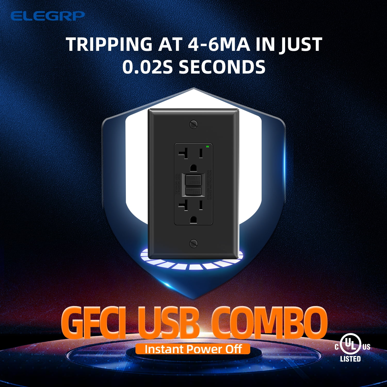 ELEGRP GFCI Outlet, 20 Amp Self-Test GFCI Electrical Outlet, No Tamper Resistant GFCI Receptacle, Wall Plate included, UL Listed, Black 3PC