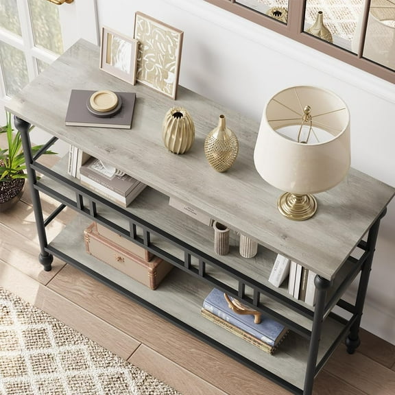 Value Selections 3-Tier Narrow Console Table - 43" Entryway Table with Storage, Industrial Hallway Table for Living Room, Hallway, and Bedroom - Stylish & Practical Design,Grey