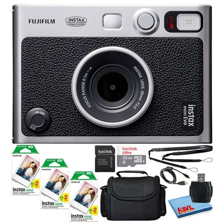 Fujifilm Instax Mini EVO Hybrid Instant Film Camera (Black) (16745183) Bundle with 60 Instant Film Sheets + 32GB Memory Card + Small Padded Case + SD Card Reader + MicroFiber Cleaning Cloth