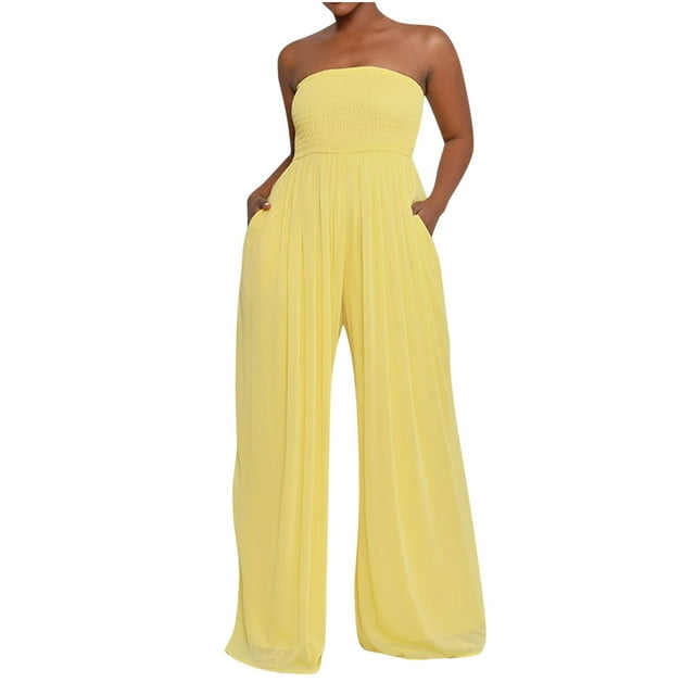 aidice Summer Womens Jumpsuits Sleeveless Smocked Tube Casual Thin Wide Leg Pants Rompers with Pockets