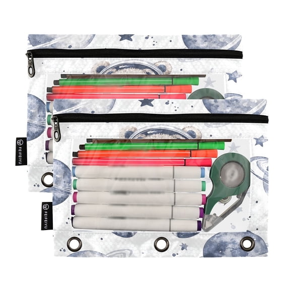 Ckdifva Bear Astronaut Stars Planet Pencil Pouch 3 Ring Zipper Pencil Case Binder Pockets Clear Top Cosmetic Bag 2 Pack