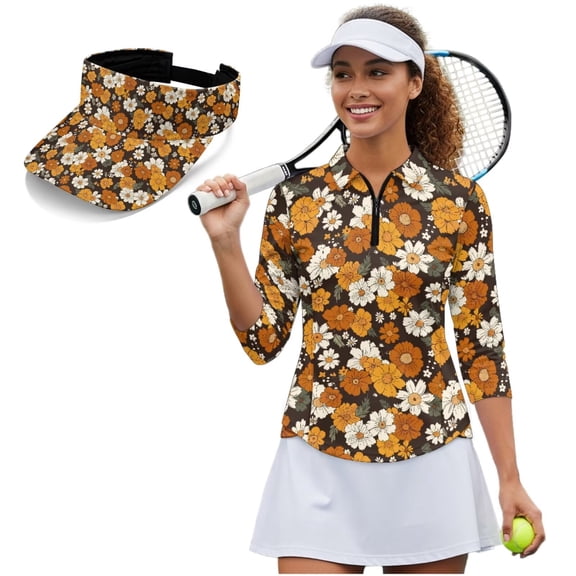 Garronmavis Daisy Women's Golf Shirt and Sun Visor Hat Set Quarter Zip Golf Shirts for Women 4-Way Stretch Suitable for Golf Enthusiasts Soft and Comfortable Breathable Fabric