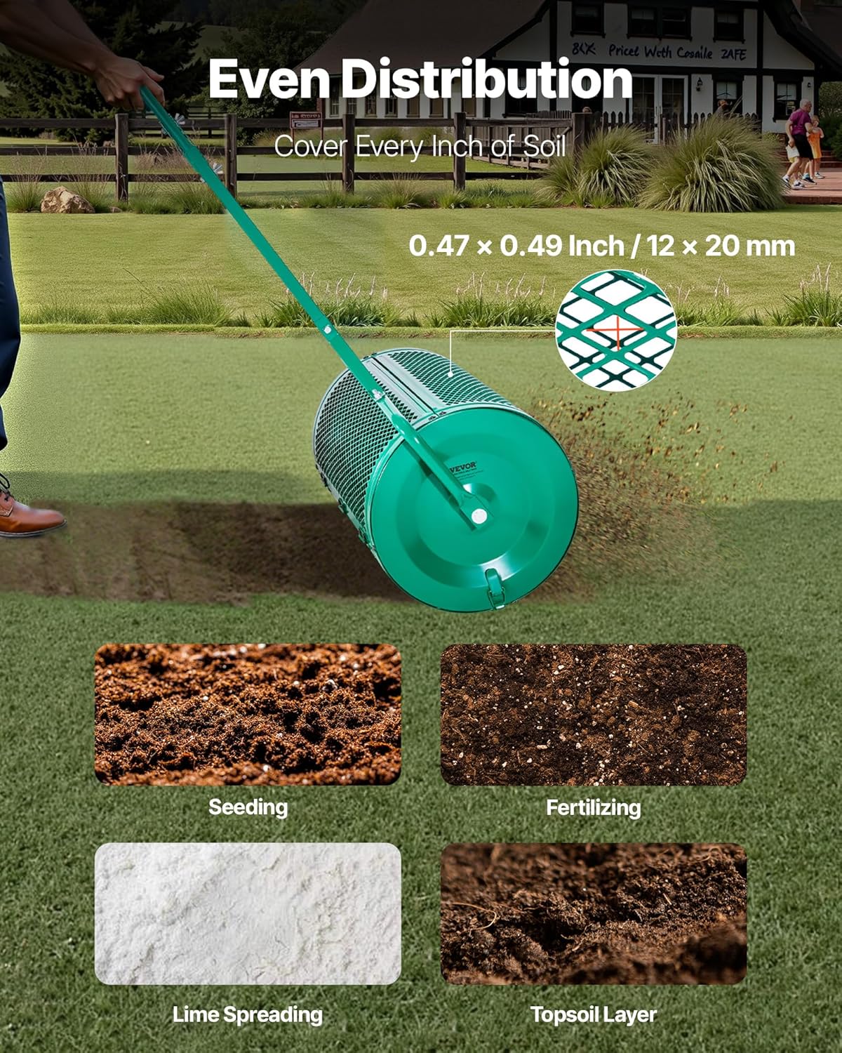 Garden Peat Moss Roller, Compost Spreader, 24 in Wide Heavy Duty Grass Seed Spreaders with T Shaped Handle, 3 Heights Adjustable, Powder-Coated Steel Peat Moss Spreader for Planting Seeding
