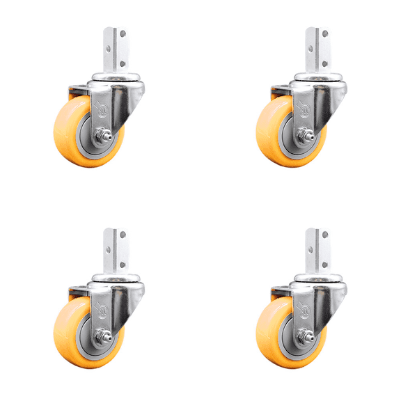 3 Inch Yellow Polyurethane Wheel Swivel 3/4 Inch Square Stem Caster Set SCC
