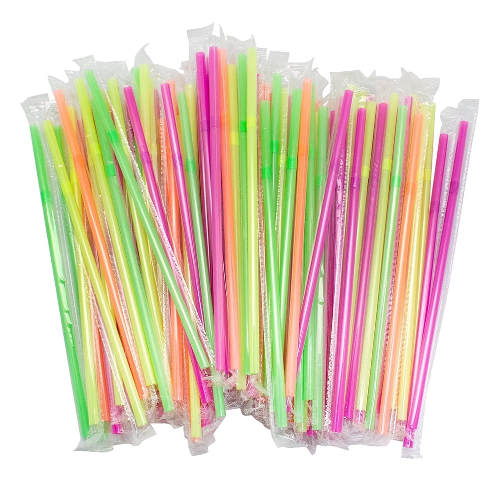 Jacent Individually Wrapped Plastic Neon Flex Drinking Straws 100 Per