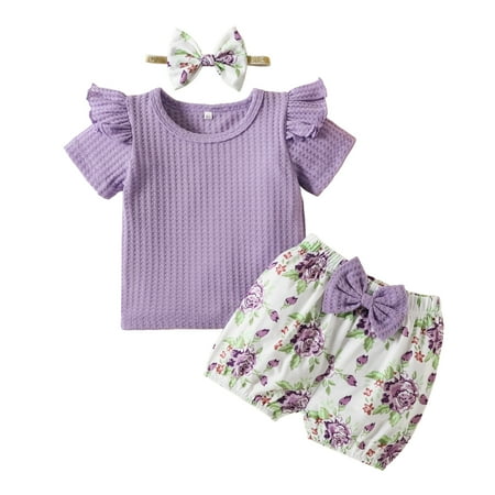 

3Pcs Infant Baby Girls Clothes Ruffle Romper Bodysuit Tops + Floral Shorts + Headband Summer Outfit