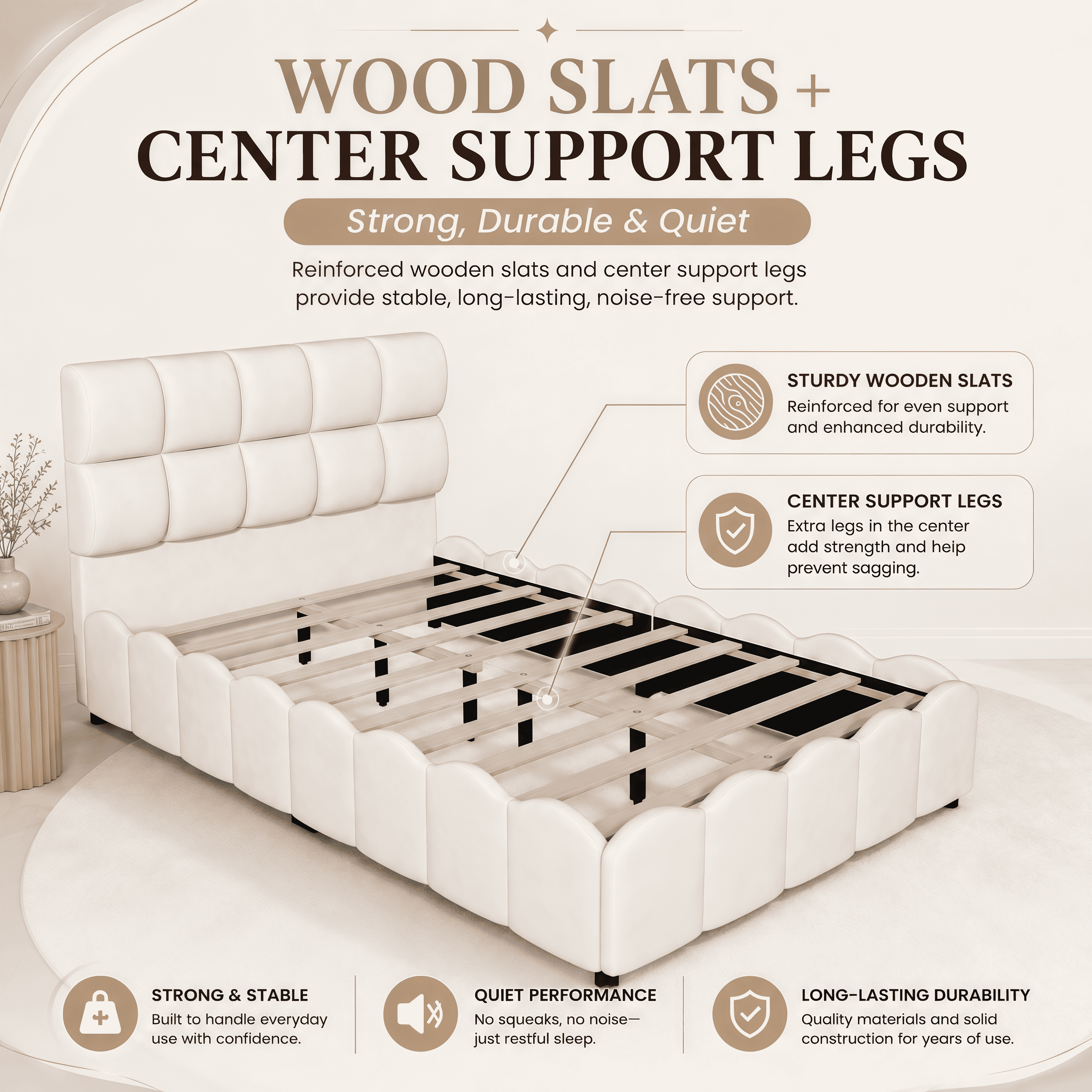 Euroco Upholstery Velvet Full Size Platform Bed with Tall Panel Headboard, No Box Spring Needed, Beige