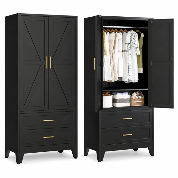 71-Inch Steel Wardrobe Cabinet with 2 Drawers and 2 Doors, Clothing Storage Cabinet with 1 Adjustable Shelf and Hanging Rod for Bedroom, Gym, Cloak Room, Laundry Room, Black