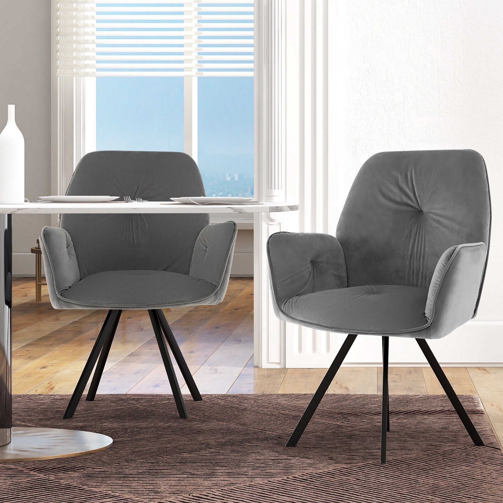 Gymax Set of 2 Velvet Accent Chairs Swivel Dining Armchairs w/ Back & Metal Legs Gray