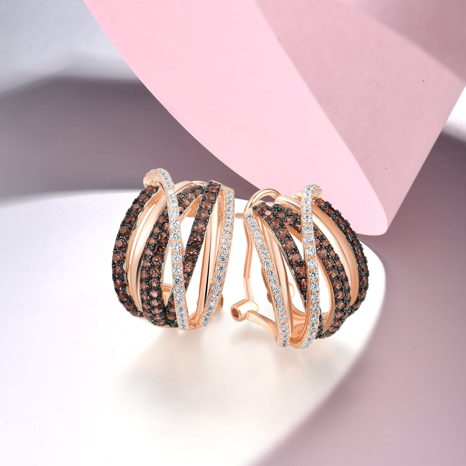 Santuzza 925 Sterling Silver Twisted Earrings Nano Brown Spinel White Cubic Zirconia Omega Back Earrings for Women