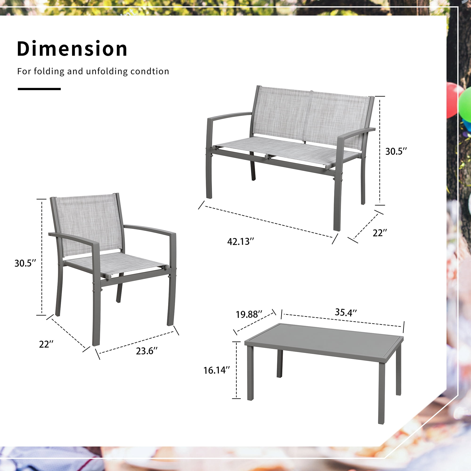 Walsunny 4 Pieces Outdoor Furniture Set All Weather Patio Textilene Steel Conversation Set, Patio Furniture Set Bistro Set with Loveseat ea Table for Lawn and Balcony, Silver