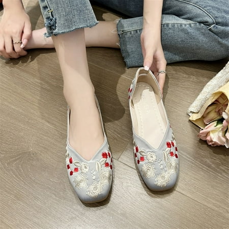 

uikmnh Women Shoes Fashion Autumn Women Casual Shoes Flat Bottom Round Toe Embroidery Lightweight And Comfortable Grey 7.5