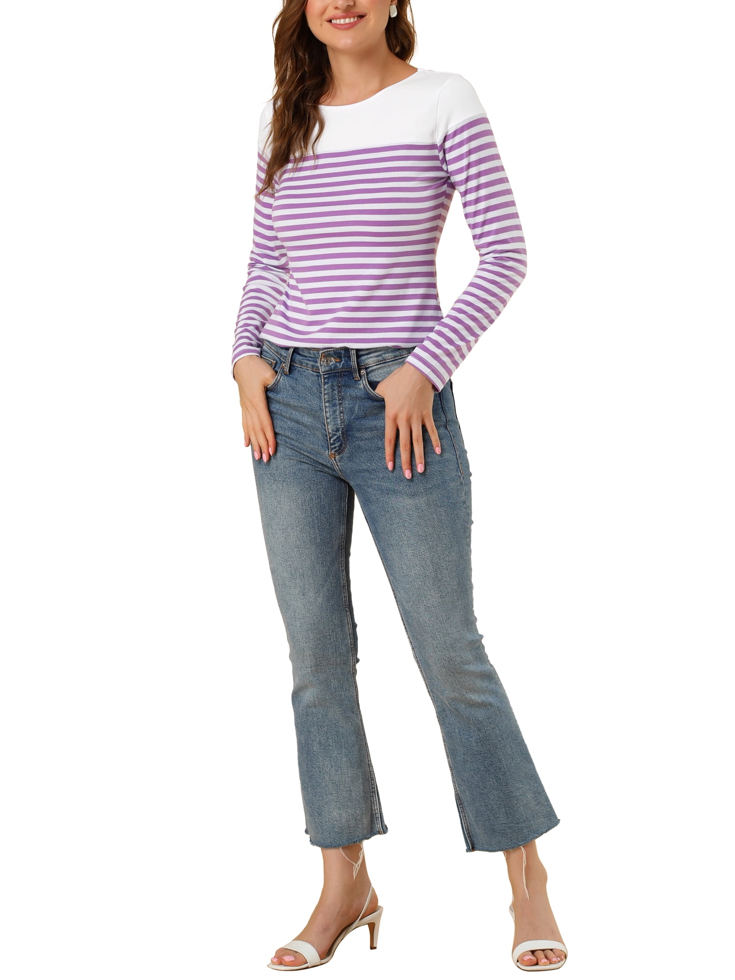 DARING DIVA Women's Color Block Striped Knit Top Long Sleeves T-Shirt XS White Purple