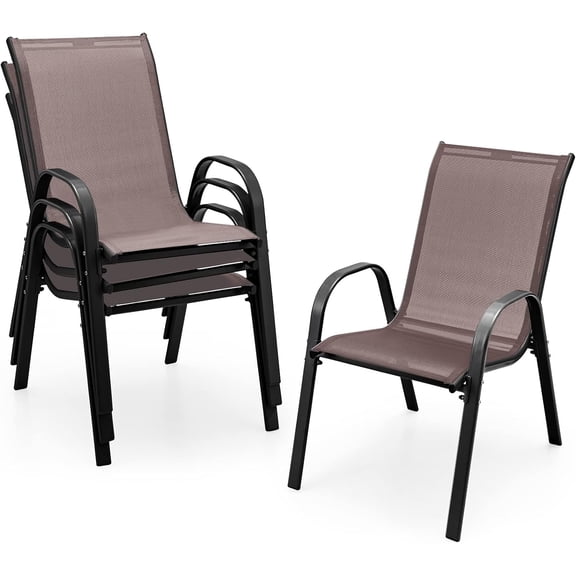 BoldGear Set of 4 Patio Chairs, Outdoor Stackable Dining Chairs w/Armrests, 330 LBS Capacity, All Weather Fabric, Heavy Duty Rustproof Steel Frame, Lawn Chairs for Porch, Yard, Pool, Garden (Brown)