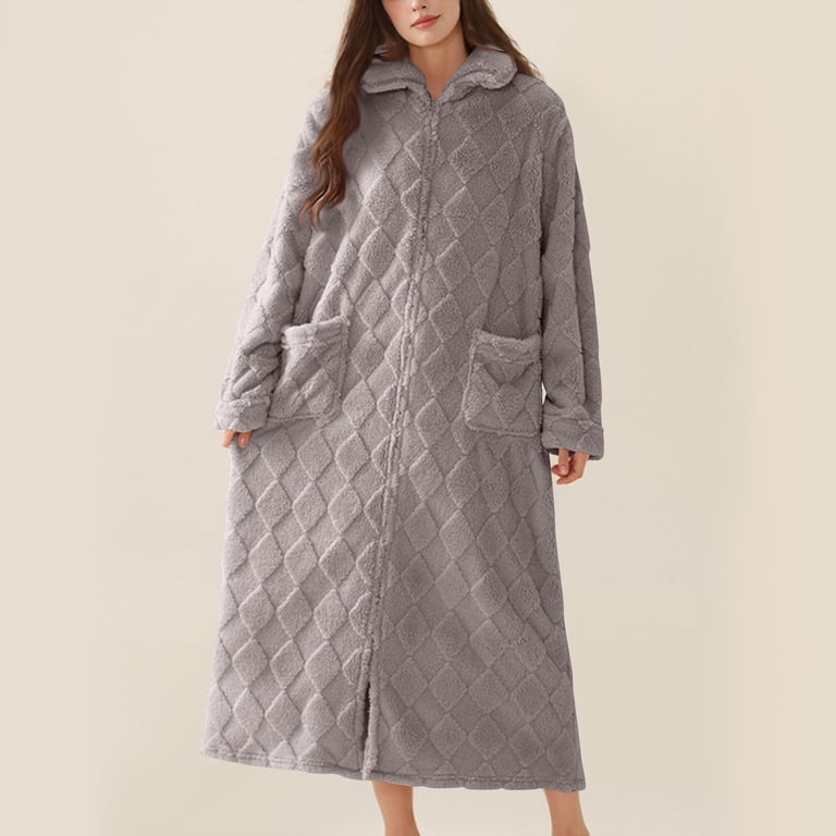 Qulqfy Maxi Dresses for Women Casual Fleece Gray Long Sleeve Pockets Warm Lounge Dresses Womens Fall Dresses 2025 L