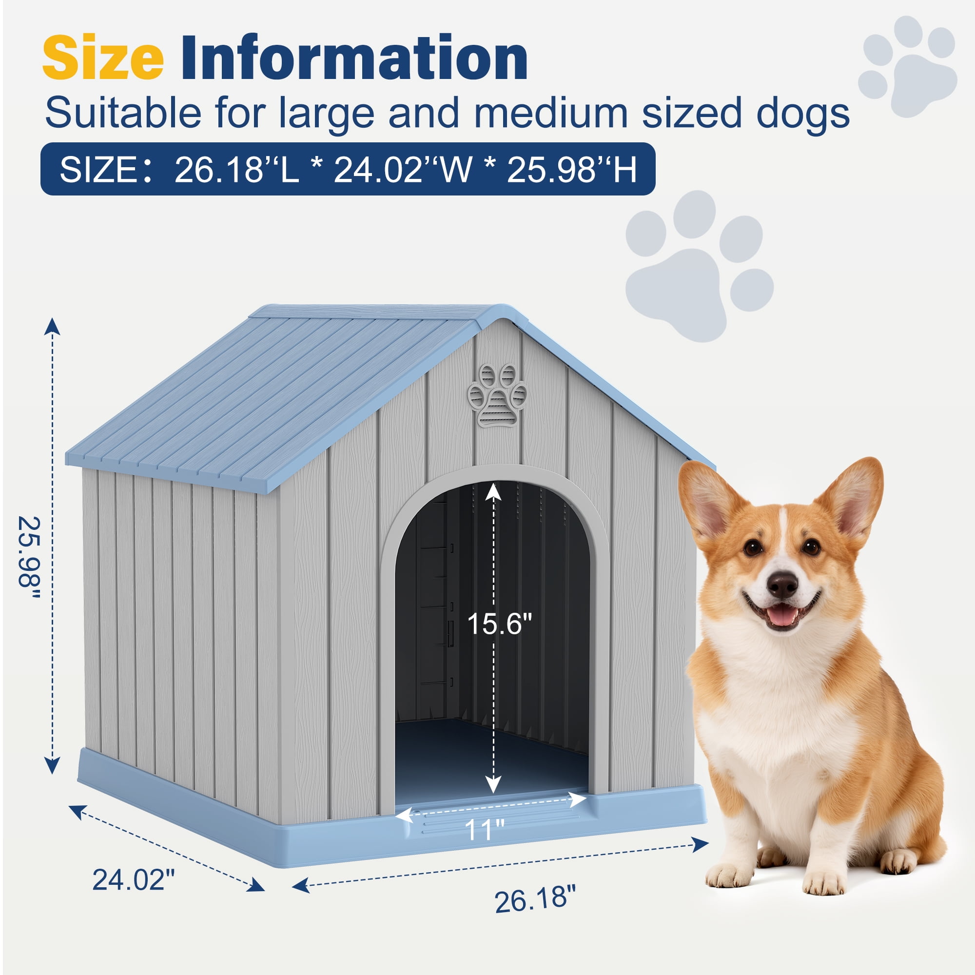 LHBcraft Durable Dog House for Small Medium Dogs,PP Waterproof Dog Shelter with Air Vents & Elevated Floor,Easy Clean and Assemble for Outdoor & Indoor,Blue