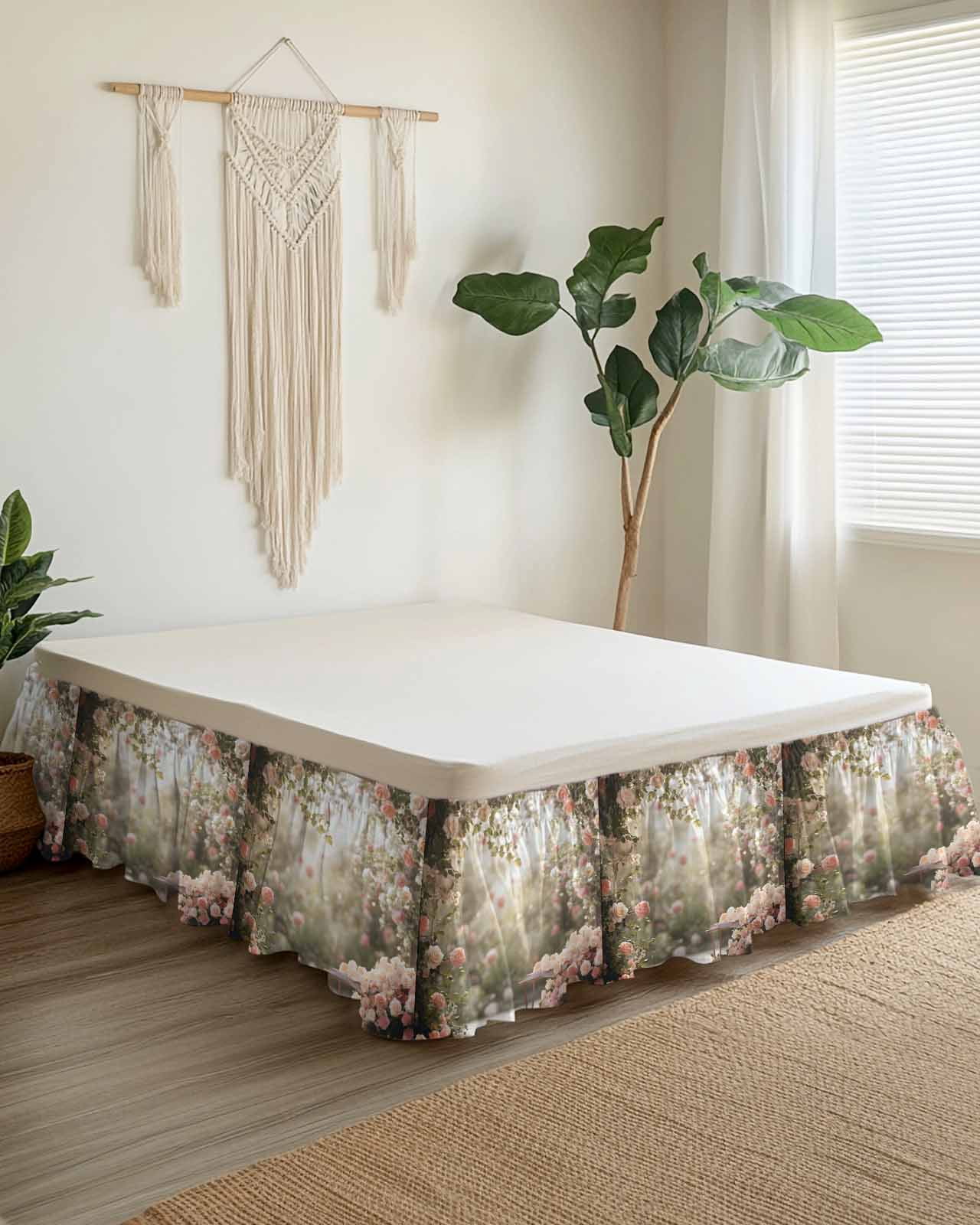 Spring Rose Ruffle Bed Skirt King Size Pastoral Romantic Plant Adjustable Elastic Dust Bed Skirts Wrap Around Bedskirt Wrinkle Free Easy Fit with 16 Inch Drop