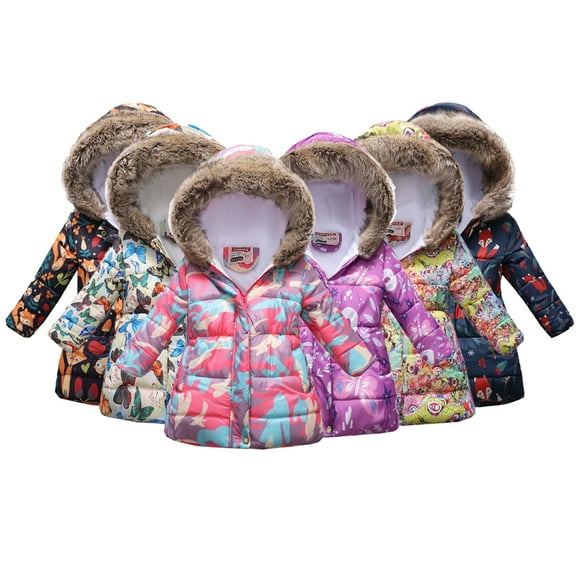 Esaierr Kids Baby Boys Girls Winter Warm Outwear Cartoon Printed Hood Autumn Winter Warm Long Jacket 3-12Y Toddler Mid-Length Thicken Cotton Coat