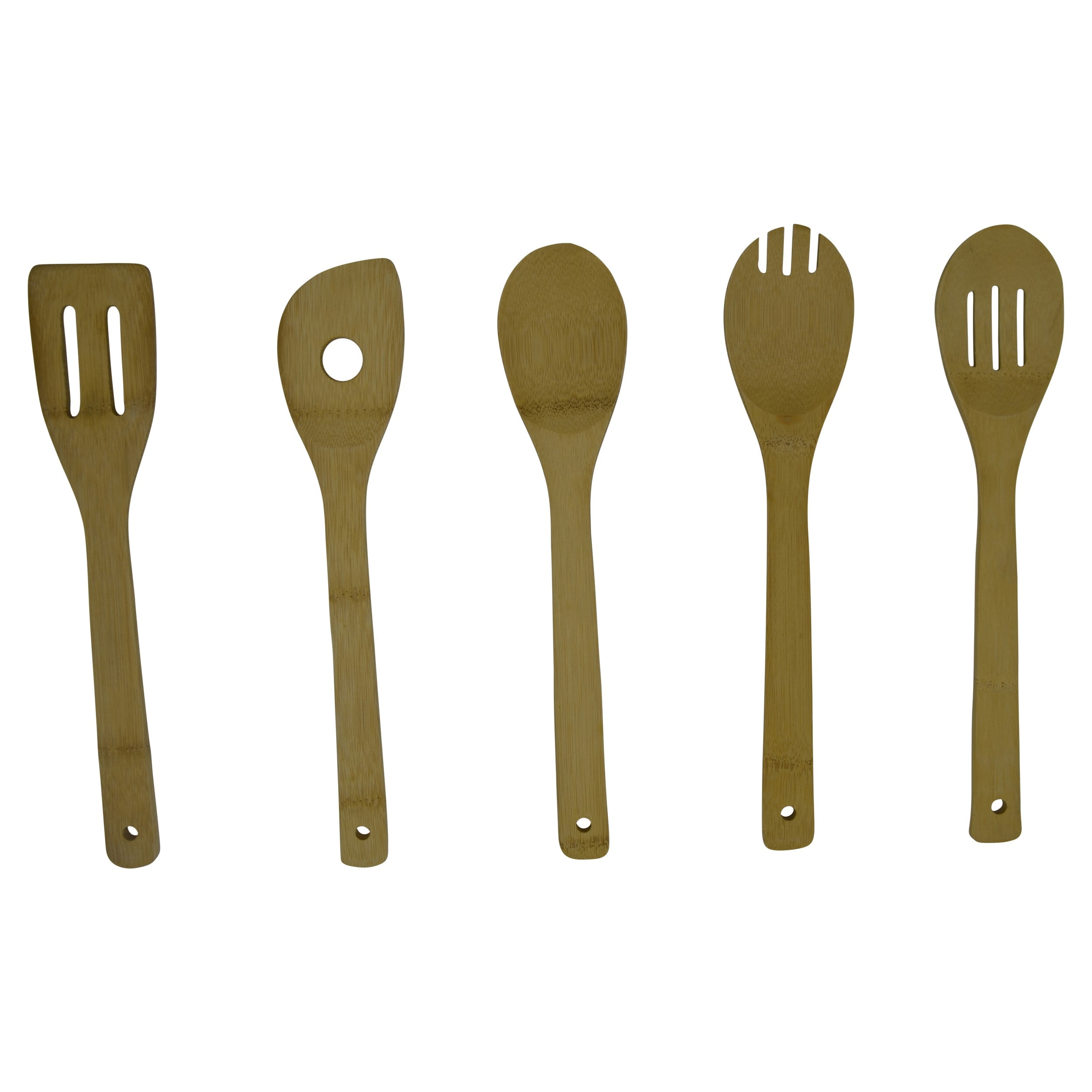 Imusa Bamboo Kitchen Tool Set 5 Piece (Slotted Turner, Risotto Spoon, Slotted Spoon, Solid Spoon, Rounded Fork)