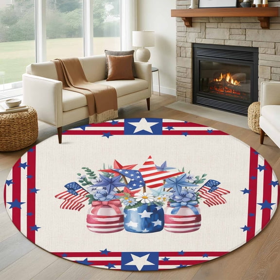 Independence Day Round Area Rug 8Ft Washable Large Circle Rugs for Living Room Dorm, Red Blue Flowers Patriotic Star Stripes Non-Slip Carpet Floor Mats Indoor Outdoor Carpet Runner Home Decor