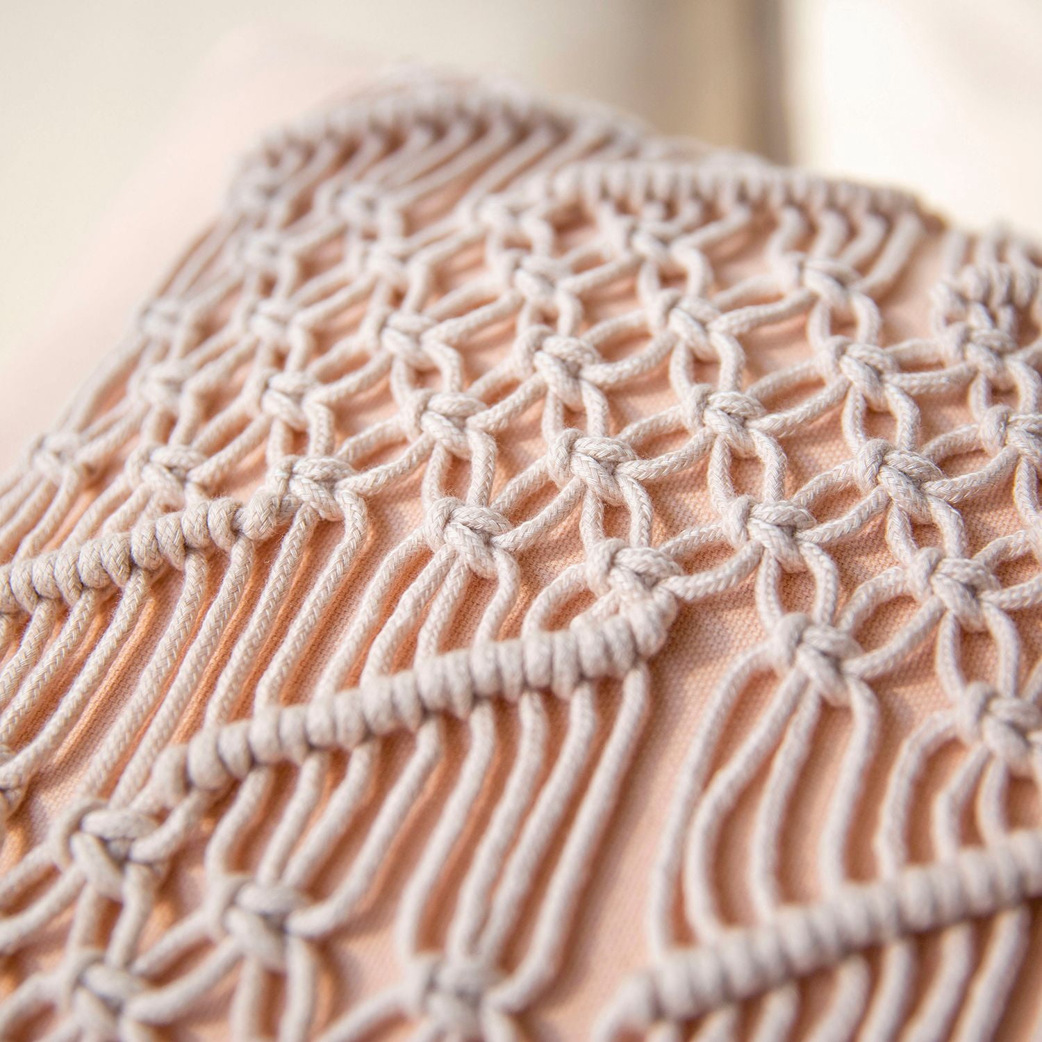 Phantoscope 100% Cotton Handmade Crochet Boho Throw Pillow with Invisible Zipper, 18 x 18 in Square Cushion, Light Pink, 1 Pack