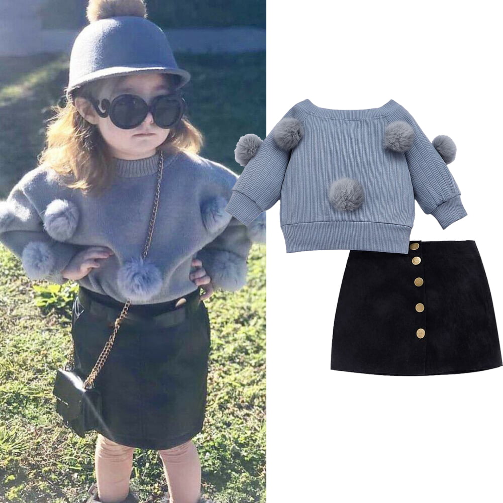 Kehen Kids Toddler Girls 2pcs Outfits Pom Pom Pullover Sweatshirt Tops+Skirt Outfit Clothes Set