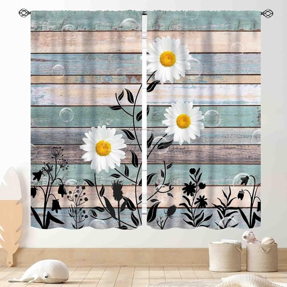 Farmhouse Daisy Curtains, Rustic Wooden Flower Retro Blue White Floral Spring Rural Country Style Blackout Window Drapery Treatments for Living Room Bedroom Kitchen Bathroom 2 Panels, 84"x63" Inch