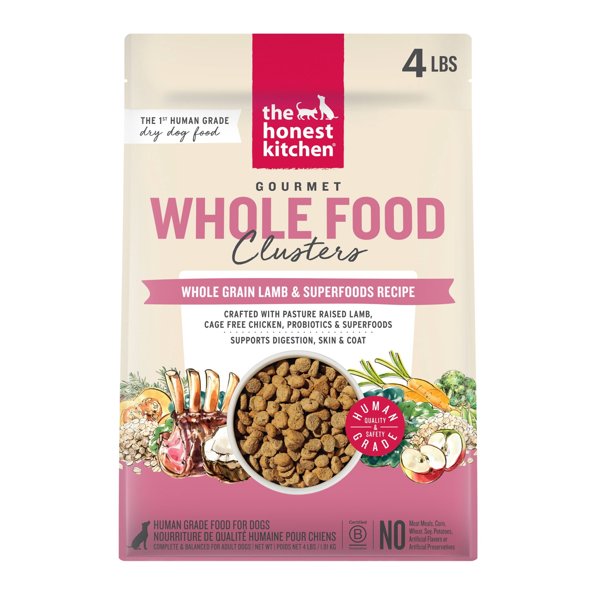 The Honest Kitchen Whole Grain Lamb & Superfoods Whole Food Clusters, Human Grade Dry Dog Food for Adult Dogs, Vet-Recommended Nutritional Support for Skin, Coat, Digestion & Wellness, 4 lb Bag