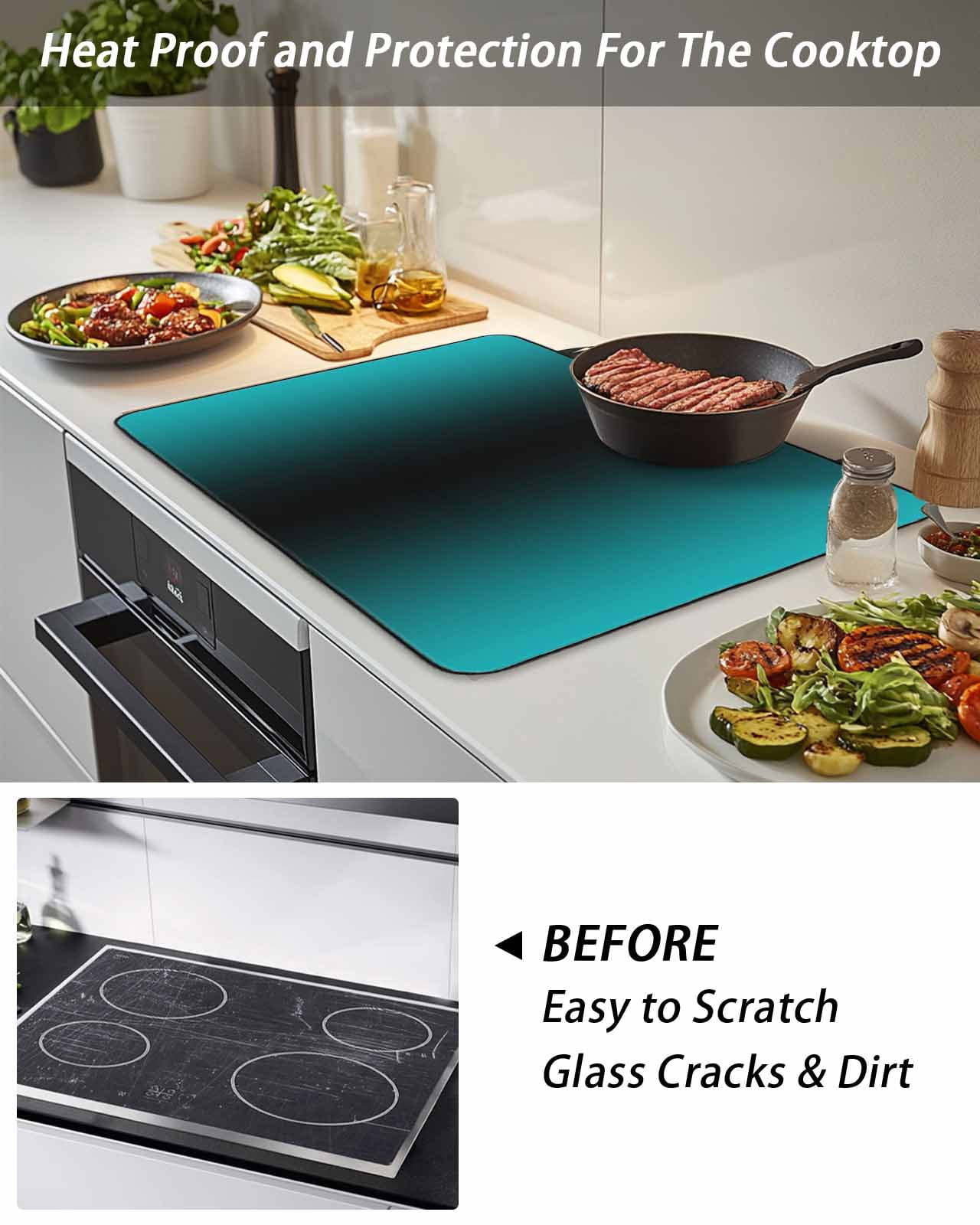 Stove Top Covers for Electric Stove, Teal Black Ombre Glass Stovetop Cover Protector, Gradient Contemporary Abstract Art Induction Cooktop Protector Oven Mat for Kitchen Countertop 36"x21"