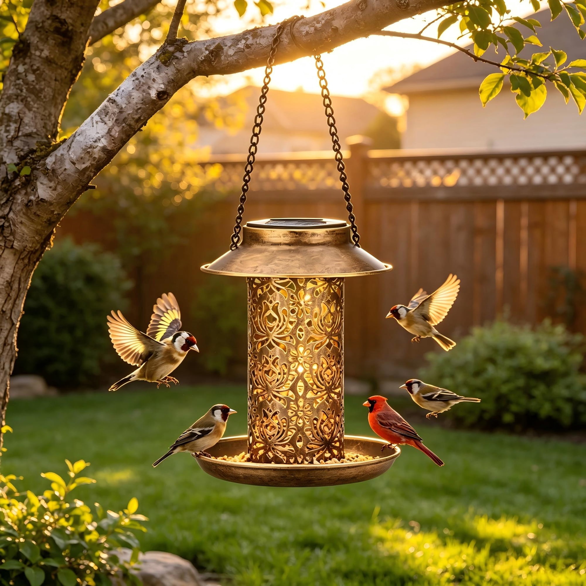 Solar Bird Feeder with Solar LED Lantern, Hanging Vintage Metal Wild Bird Feeder, Waterproof Outdoor Bird Feeder for Yard Garden Patio Backyard Decor