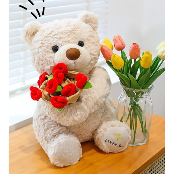 2026 New Christmas Teddy Bear with Bouquet, Bloom Bear Plush Toy with Red Rose, Romantic Stuffed Animal with a Cute Bouquet of Flowers for Girlfriend/Mom (Beige,38cm/14.96 in)