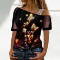 thumbnail image 5 of Gibobby Tirantes Para&nbsp;Camisa Tops estampados a la para mujer, camiseta con hombros descubiertos, camiseta elegante de manga corta con Sexy, blusa holgada（Rojo， M), 5 of 5